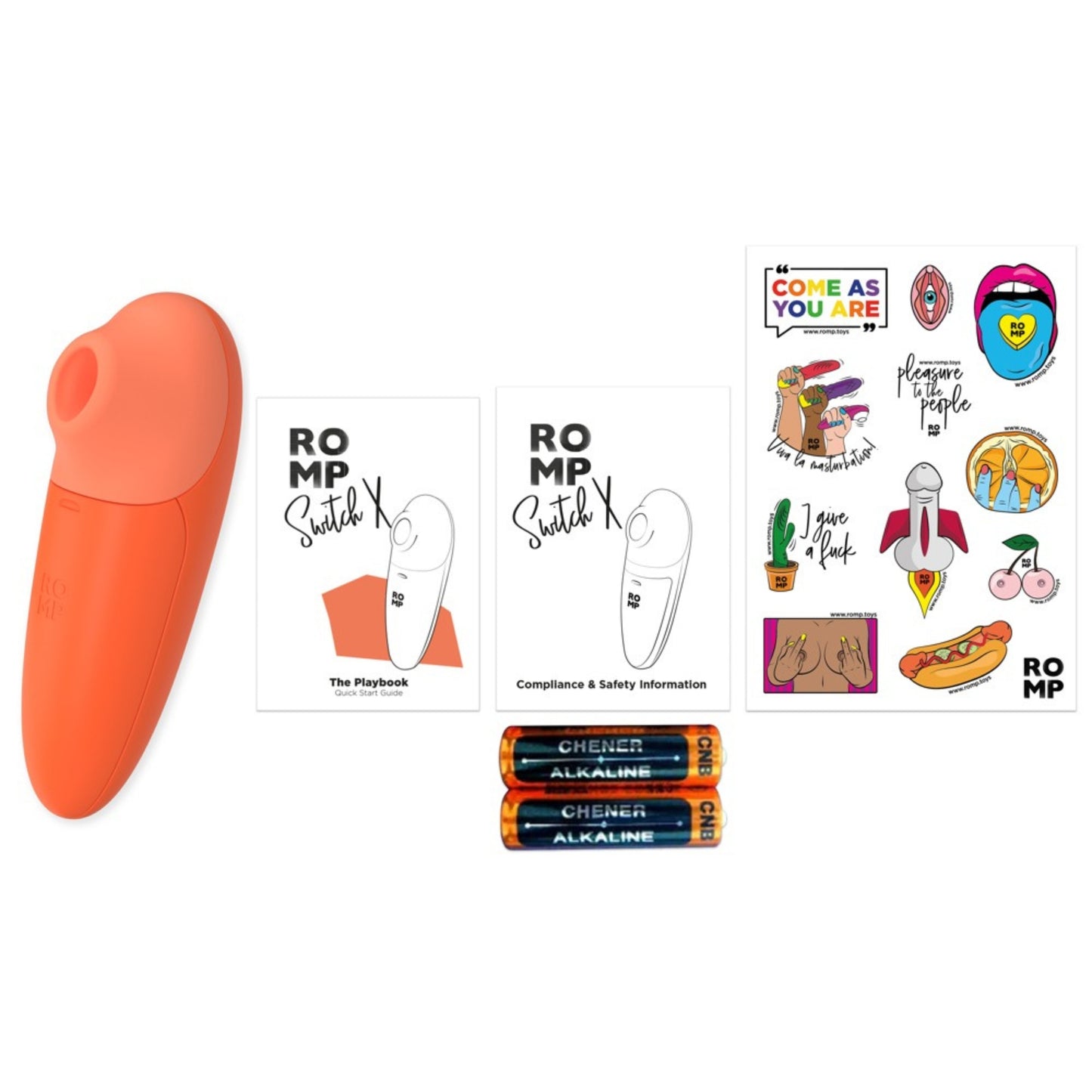 ROMP Switch X klitora stimulators un produkta komplektācija