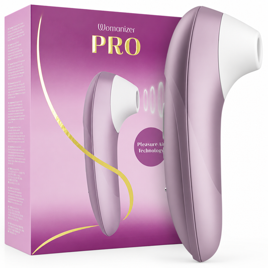 Womanizer Pro Lilac clitoral stimulator with original purple packaging, white silicone head and Pleasure Air Technology