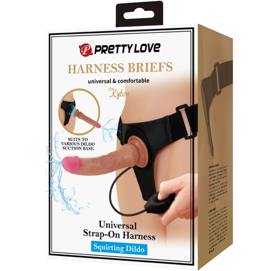 PRETTY LOVE - KYTON Universālas strap-on biksītes ar squirt dildo (19 cm)