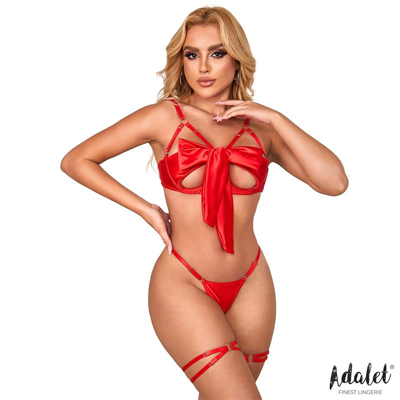 Red bra and thong set with ribbon and garters (S/M) - Riley