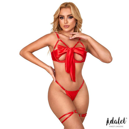 Red bra and thong set with ribbon and garters (S/M) - Riley