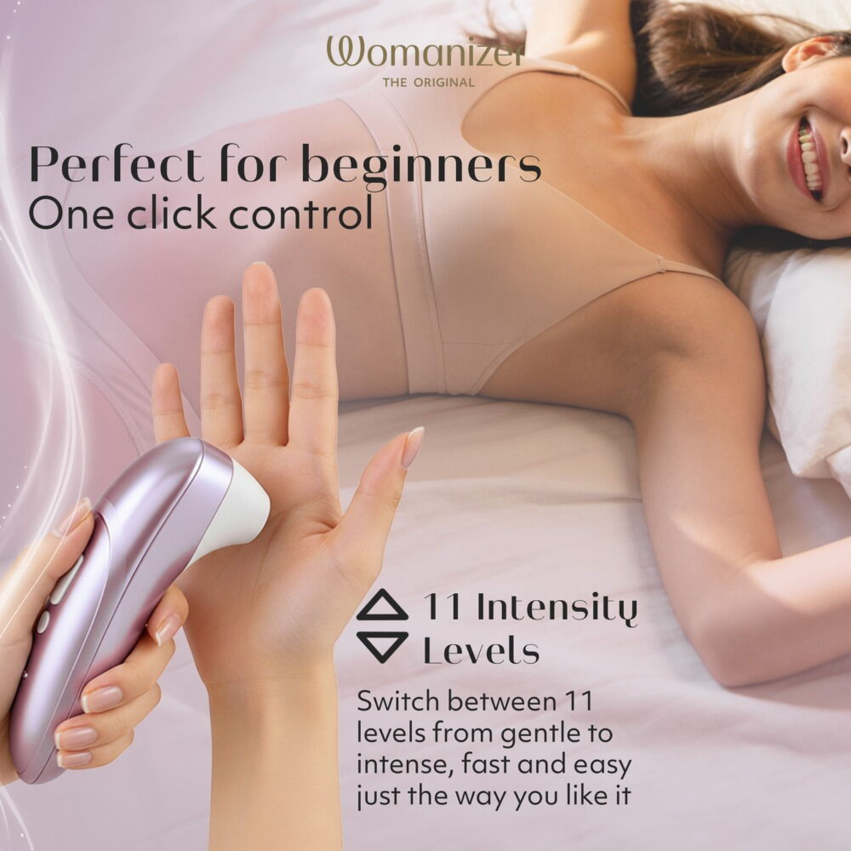 Womanizer Pro Lilac clitoral stimulator held in hand, featuring 11 adjustable intensity levels and easy one-click control