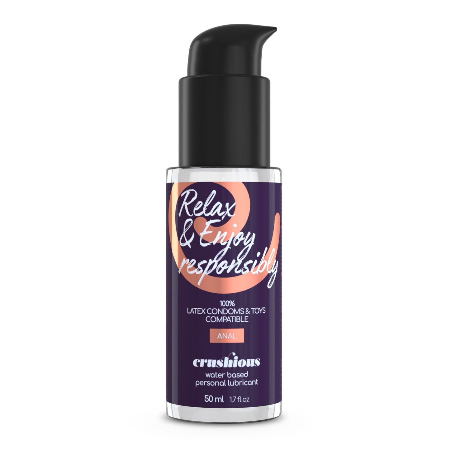 Dvipusis violetinis dildo „Crushious“ (27 cm) su 50 ml lubrikantu – produkto detalės