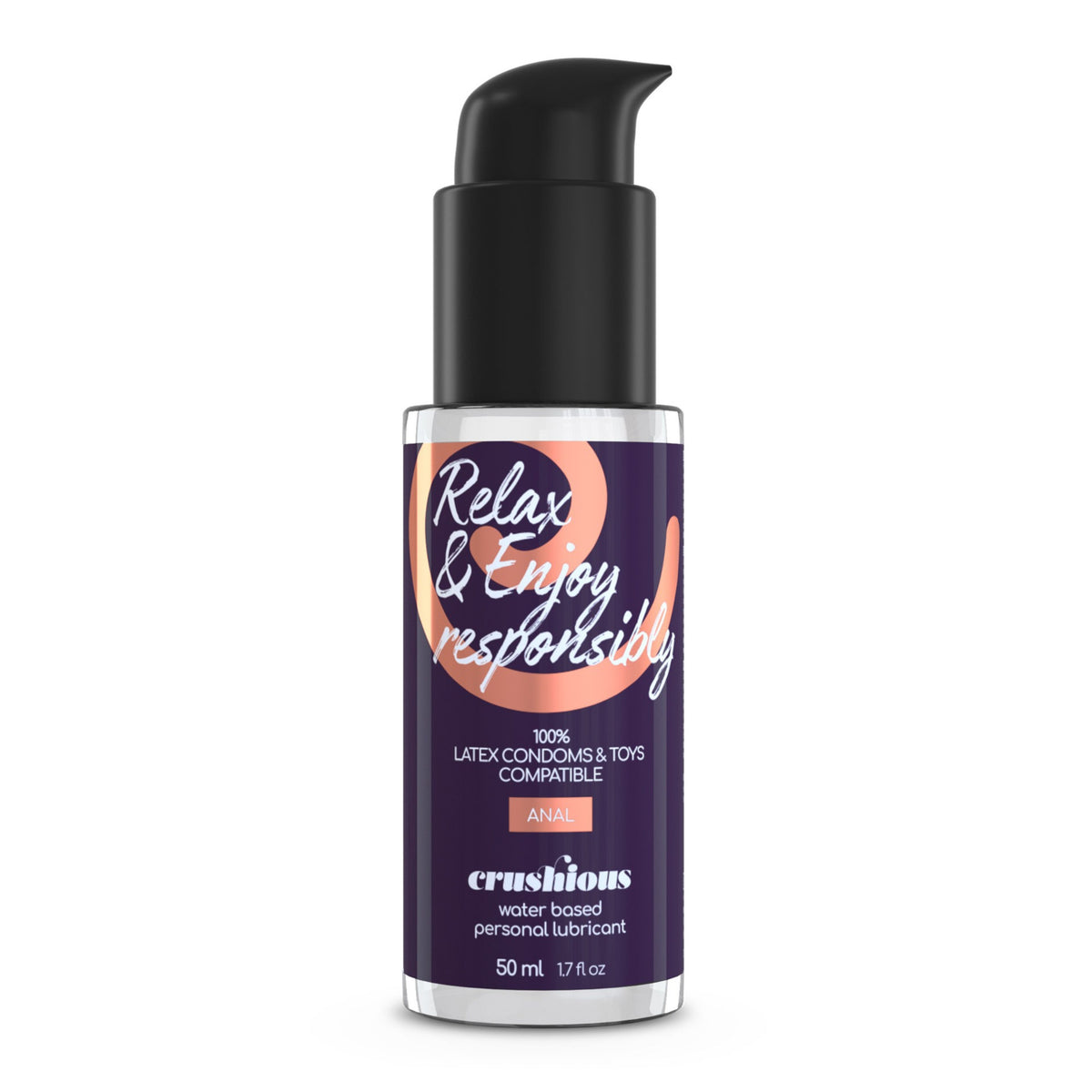 Dvipusis violetinis dildo „Crushious“ (27 cm) su 50 ml lubrikantu – produkto detalės