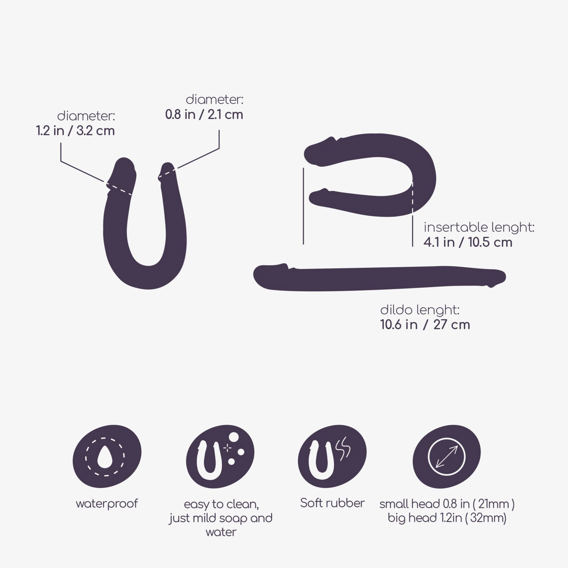 Dvipusis violetinis dildo „Crushious“ (27 cm) su 50 ml lubrikantu – papildomas vaizdas