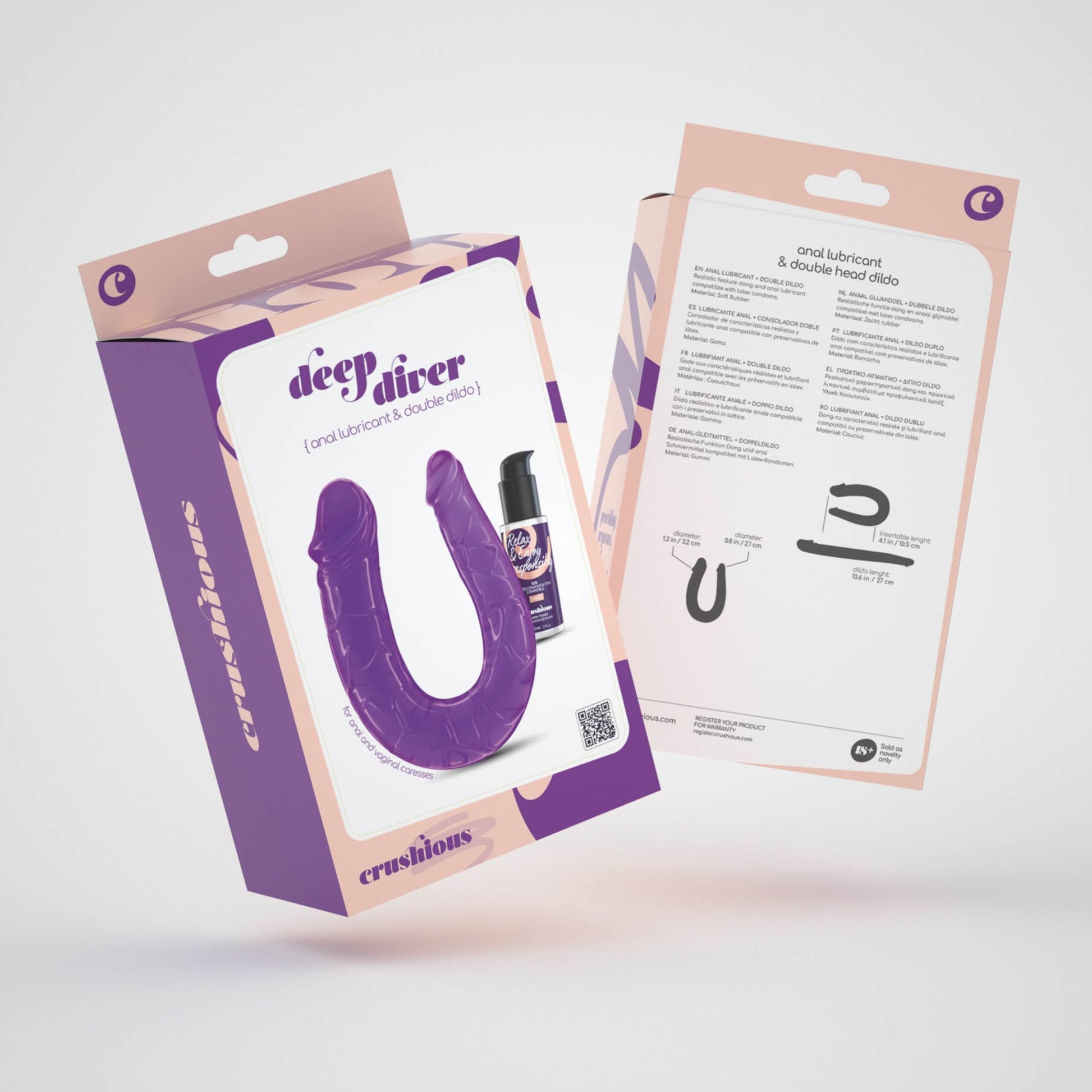 Dvipusis violetinis dildo „Crushious“ (27 cm) su 50 ml lubrikantu – dizaino vaizdas