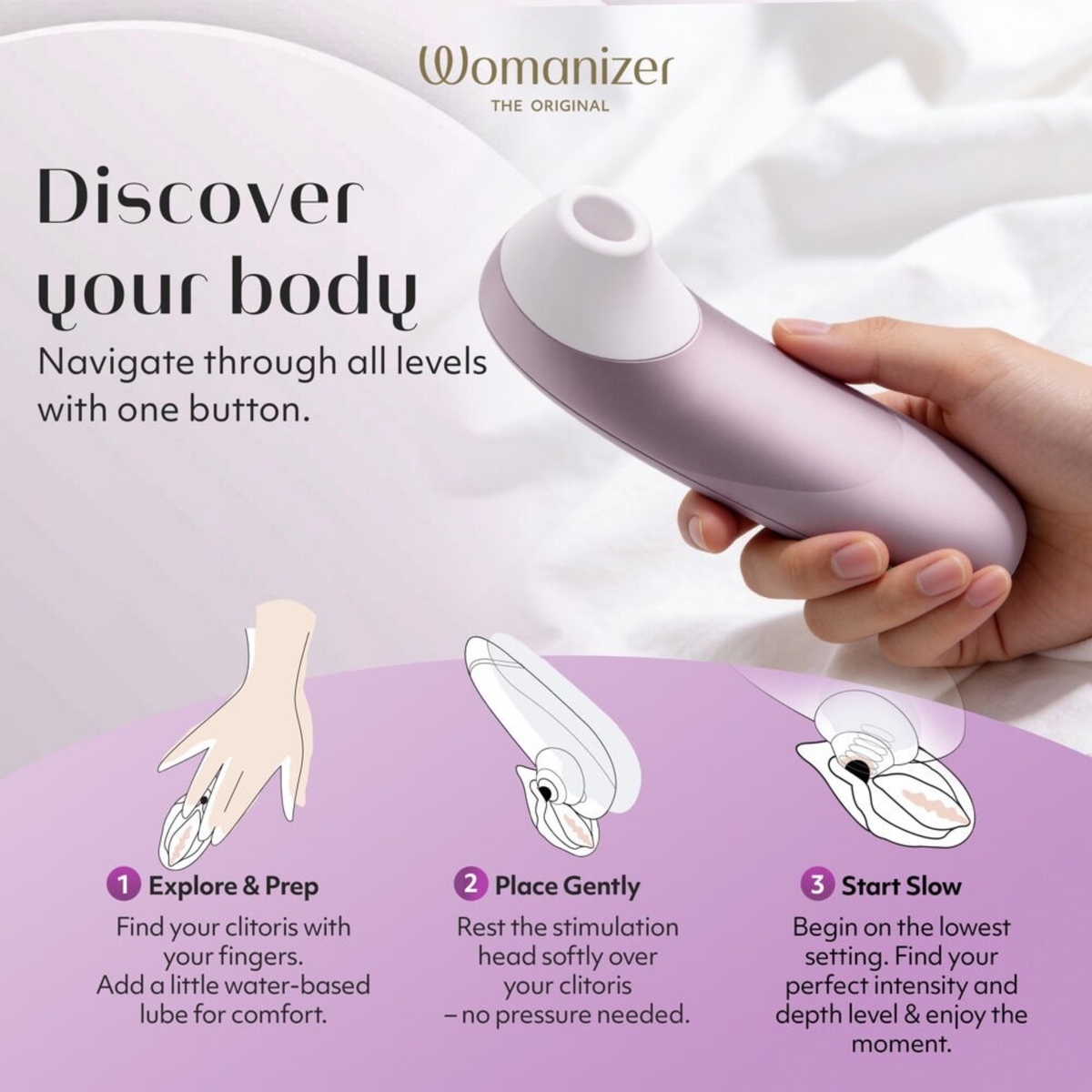 Womanizer Pro Lilac with soft silicone stimulation head and illustrated three-step beginner instructions