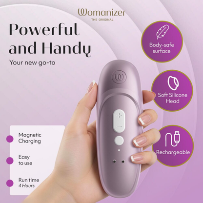 Womanizer Pro Lilac ergonomic design with soft silicone head, rechargeable battery and magnetic charging