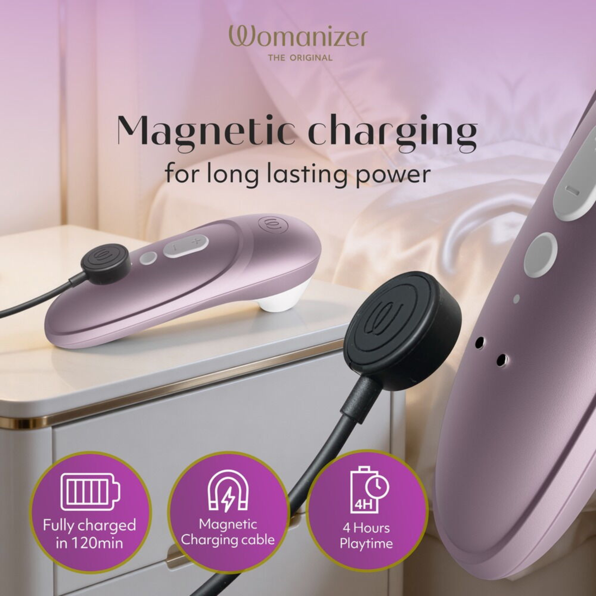 Womanizer Pro Lilac magnetic charging cable and rechargeable device with up to four hours of battery life