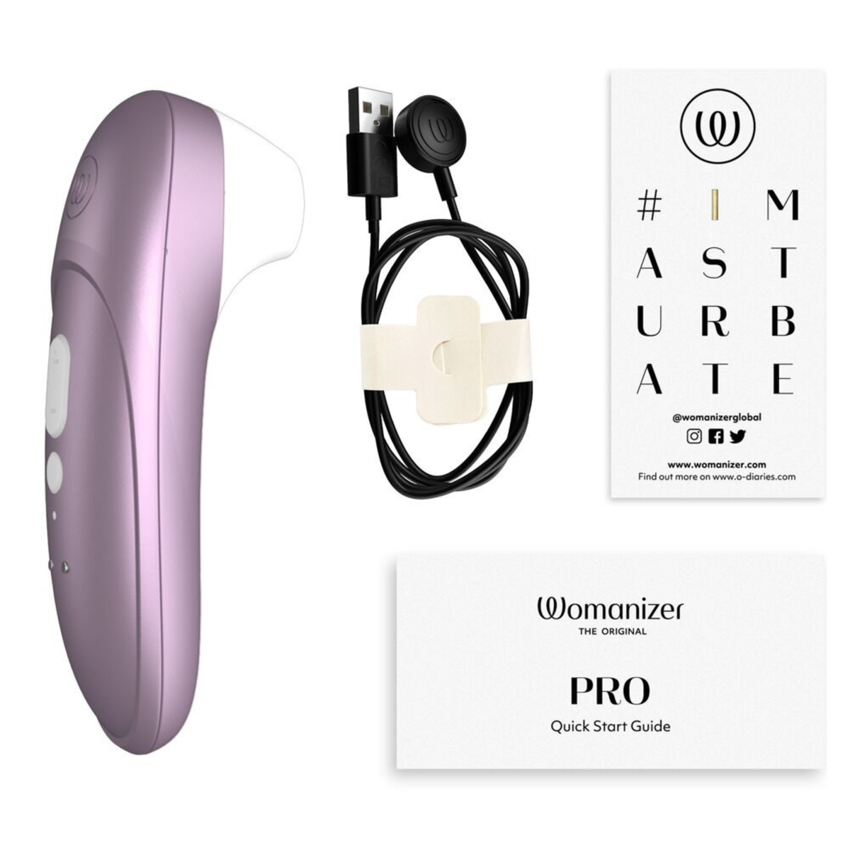 Womanizer Pro Lilac product set including clitoral stimulator, magnetic USB charging cable and quick start guide