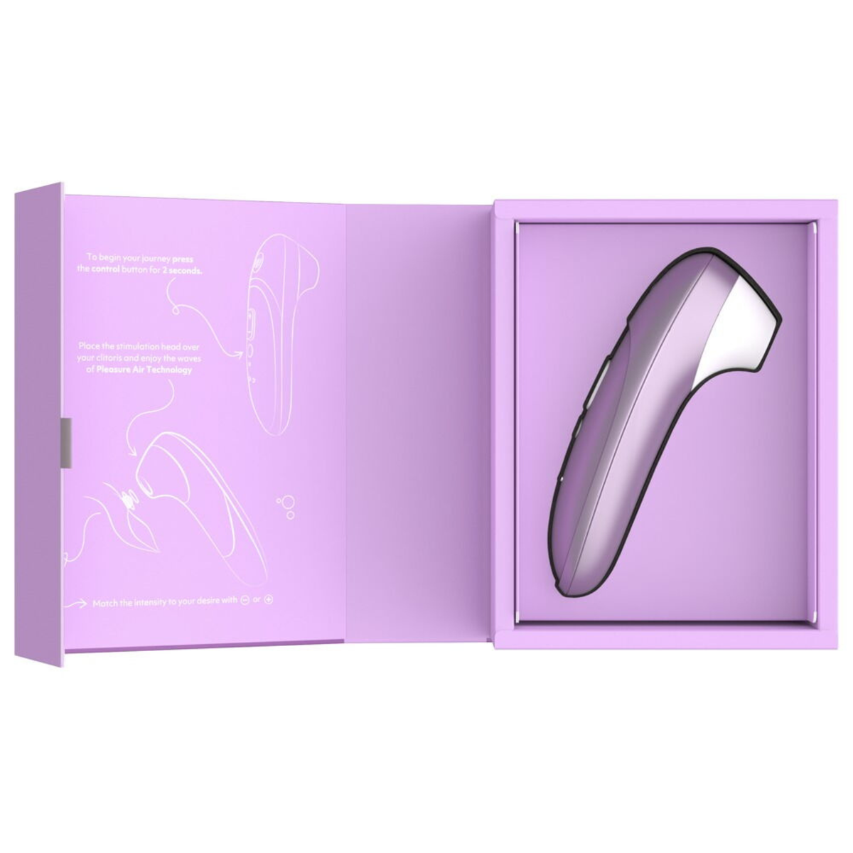 Womanizer Pro Lilac displayed inside its open purple presentation box with illustrated usage instructions