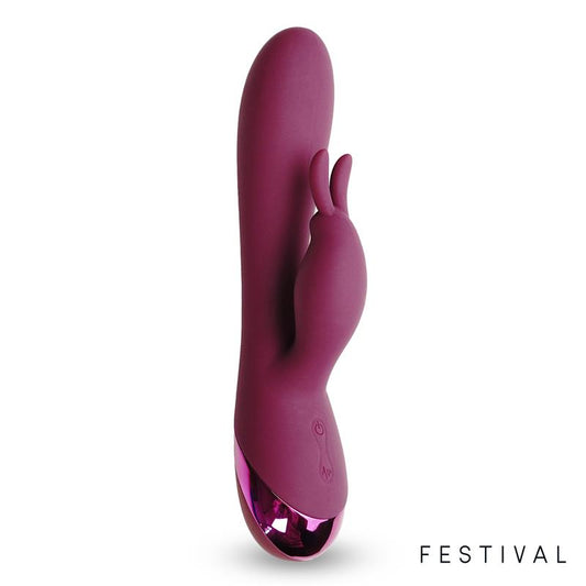 Tumši sarkans Festival Brole vibrators ar klitora stimulatoru un metālisku apdari.