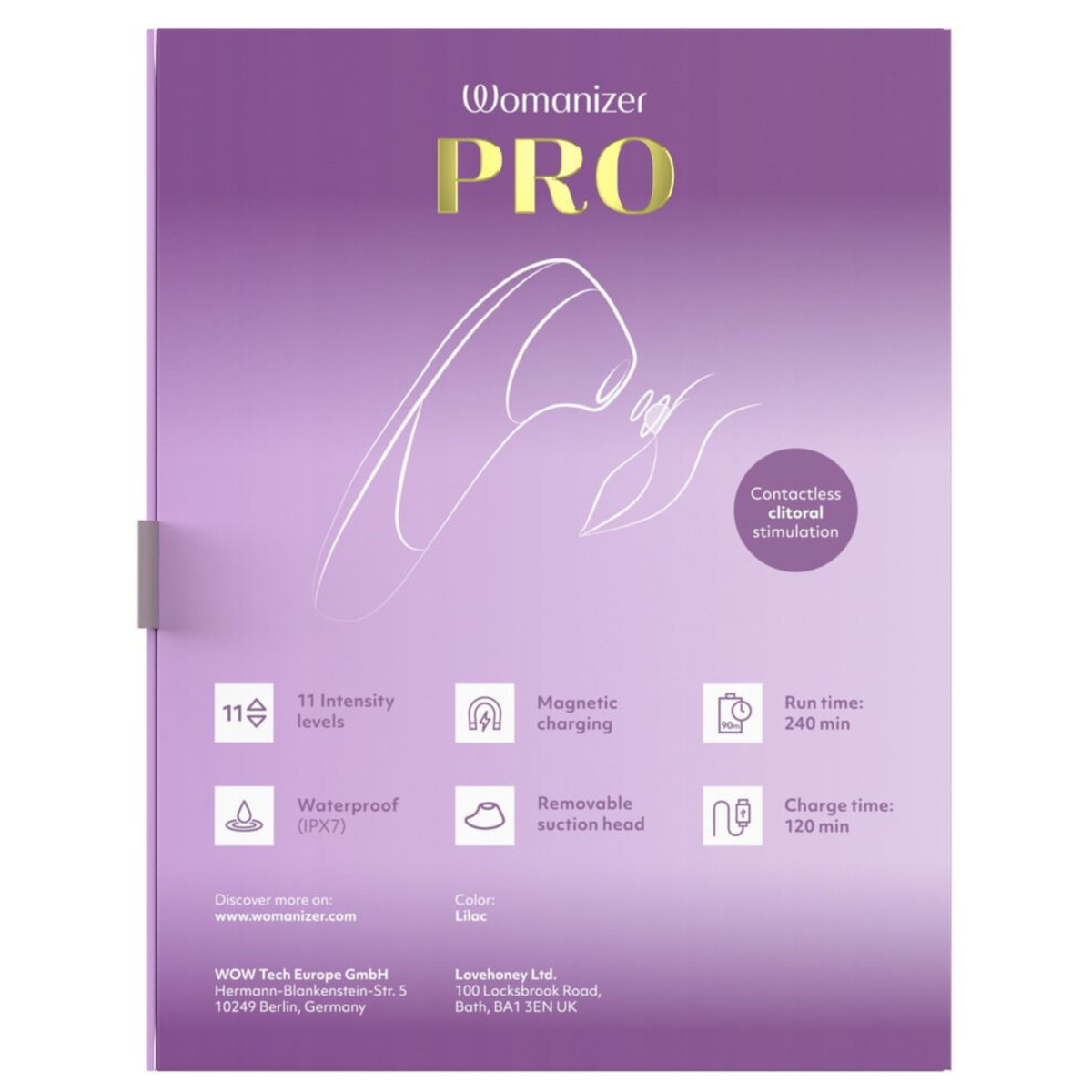 Womanizer Pro Lilac original packaging back showing product specifications, 11 intensity levels and IPX7 waterproof rating