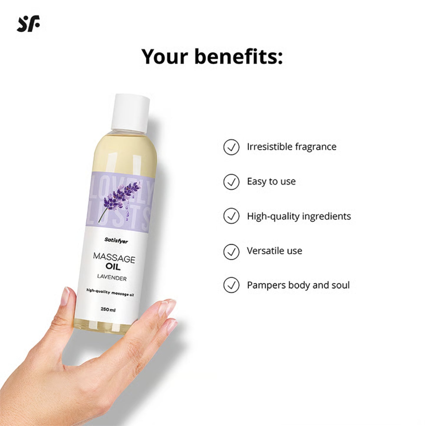 Satisfyer Lavender masažo aliejus su levandų aromatu (250 ml) – papildomas vaizdas