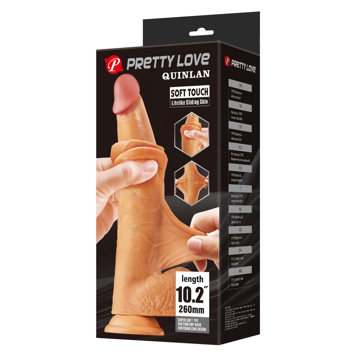 PRETTY LOVE Quinlan Premium - Reālistisks dildo ar slīdošu ādu 26 cm - preces iepakojums