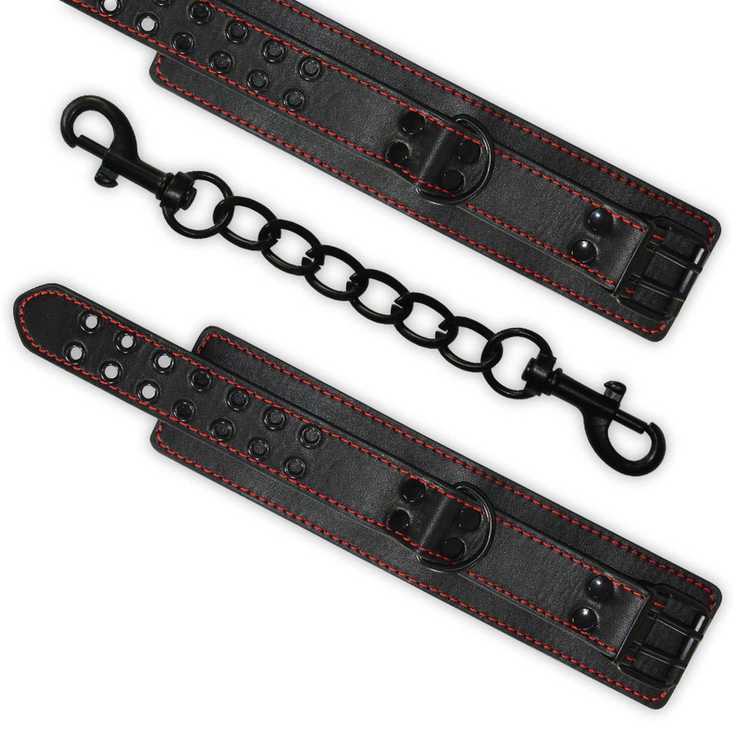 LOVETOY Bondage Fetish kulkšņu raiščiai su raudonomis siūlėmis – produkto detalės