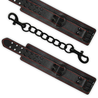 LOVETOY Bondage Fetish kulkšņu raiščiai su raudonomis siūlėmis – produkto detalės