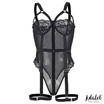 Bodysuit with Garter Straps and Leg Straps - Ariana Teddy S/M
