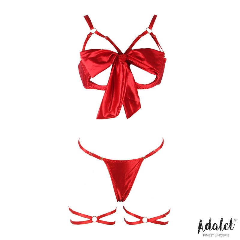 Red bra and thong set with ribbon and garters (S/M) - Riley