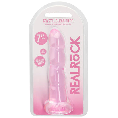 Viļņotas formas dildo RealRock Crystal Clear (18 cm) (dildo iepakojums)