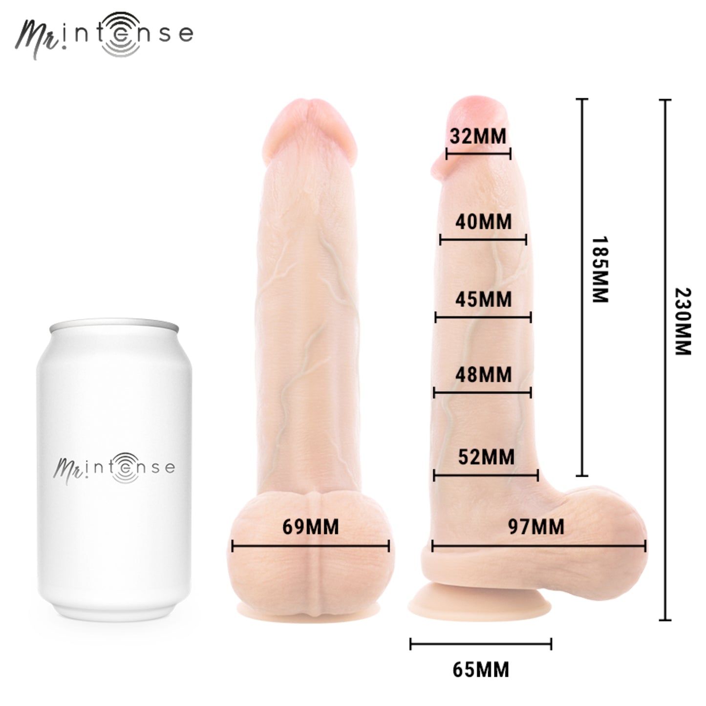 MR INTENSE Bruce L silikona dildo izmēri un 23 cm kopējais garums