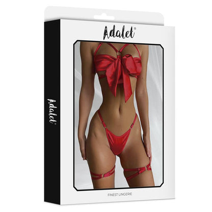 Red bra and thong set with ribbon and garters (S/M) - Riley