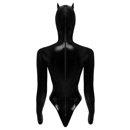 Black Level - Melns lakādas bodijs ar kaķa masku-kapuci (M)