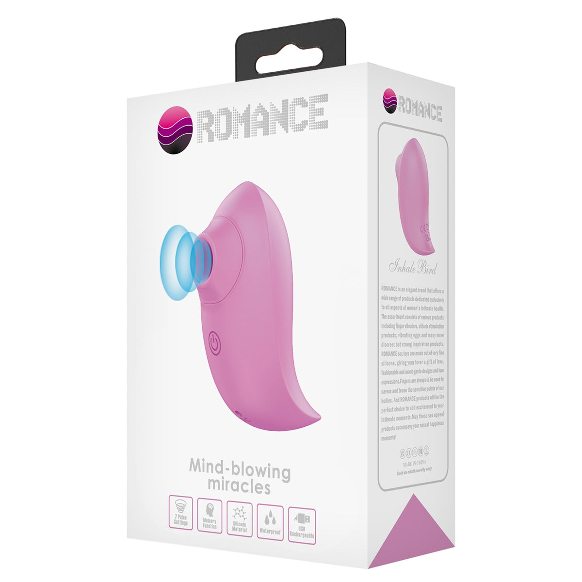 Klitora stimulators ar atmiņas funkciju ROMANCE Inhale Bird (preces iepakojums)
