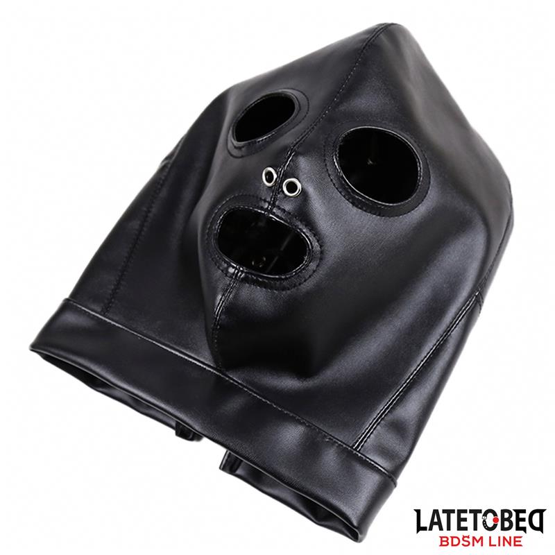 LATETOBED BDSM maska ar aizmugurējām regulējamām siksnām un atvērumiem acīm un mutei