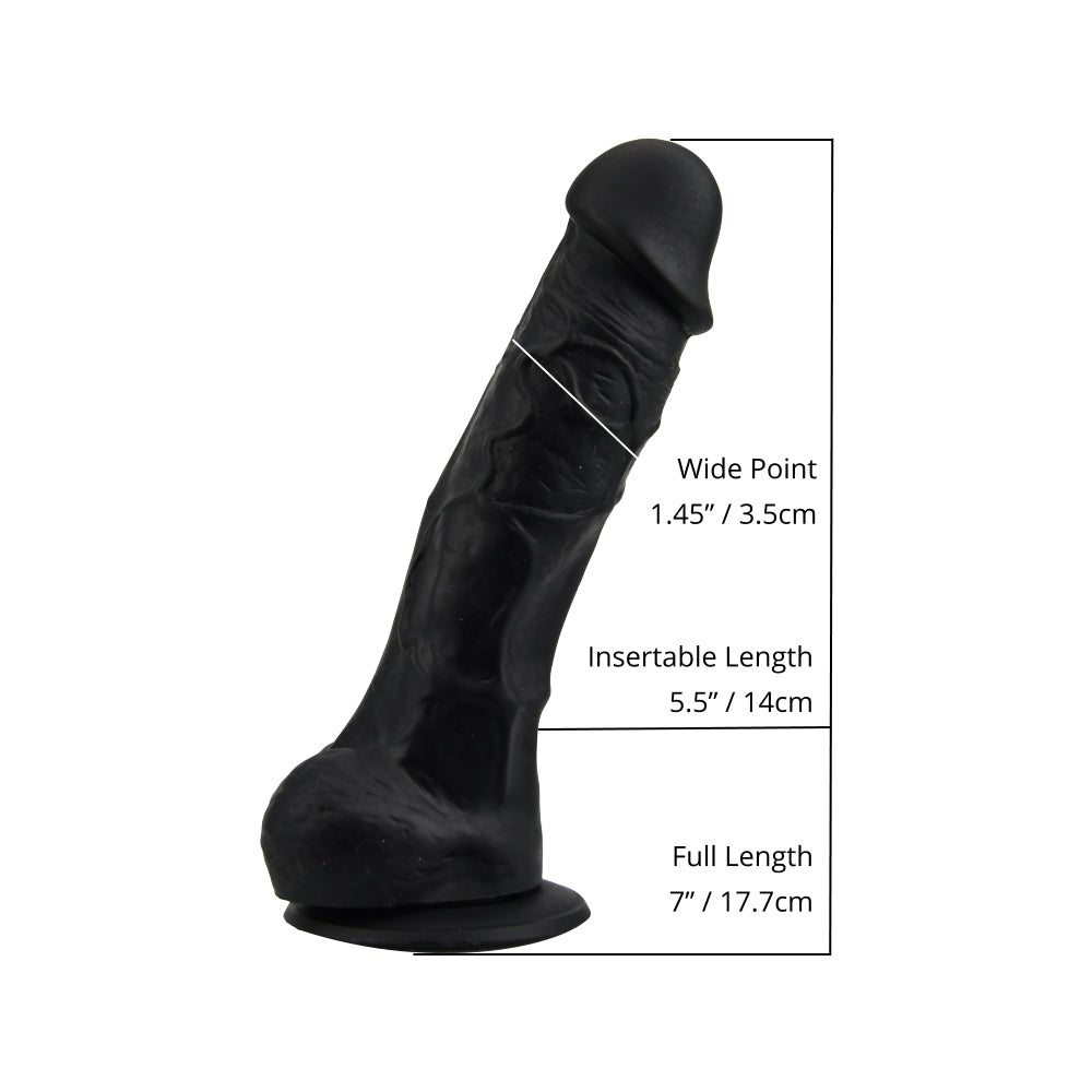 Melns reālistisks silikona dildo ar piesūcekni un sēkliniekiem 17.7 cm