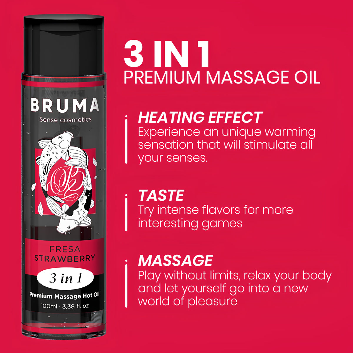 Sildoša masāžas eļļa 3in1 ar zemeņu garšu (100 ml) – BRUMA Premium – produkta detaļas