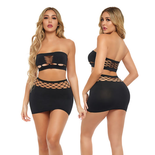 Seksīgs divdaļīgs tīkla tērps melns – Pink Lipstick Net Worth