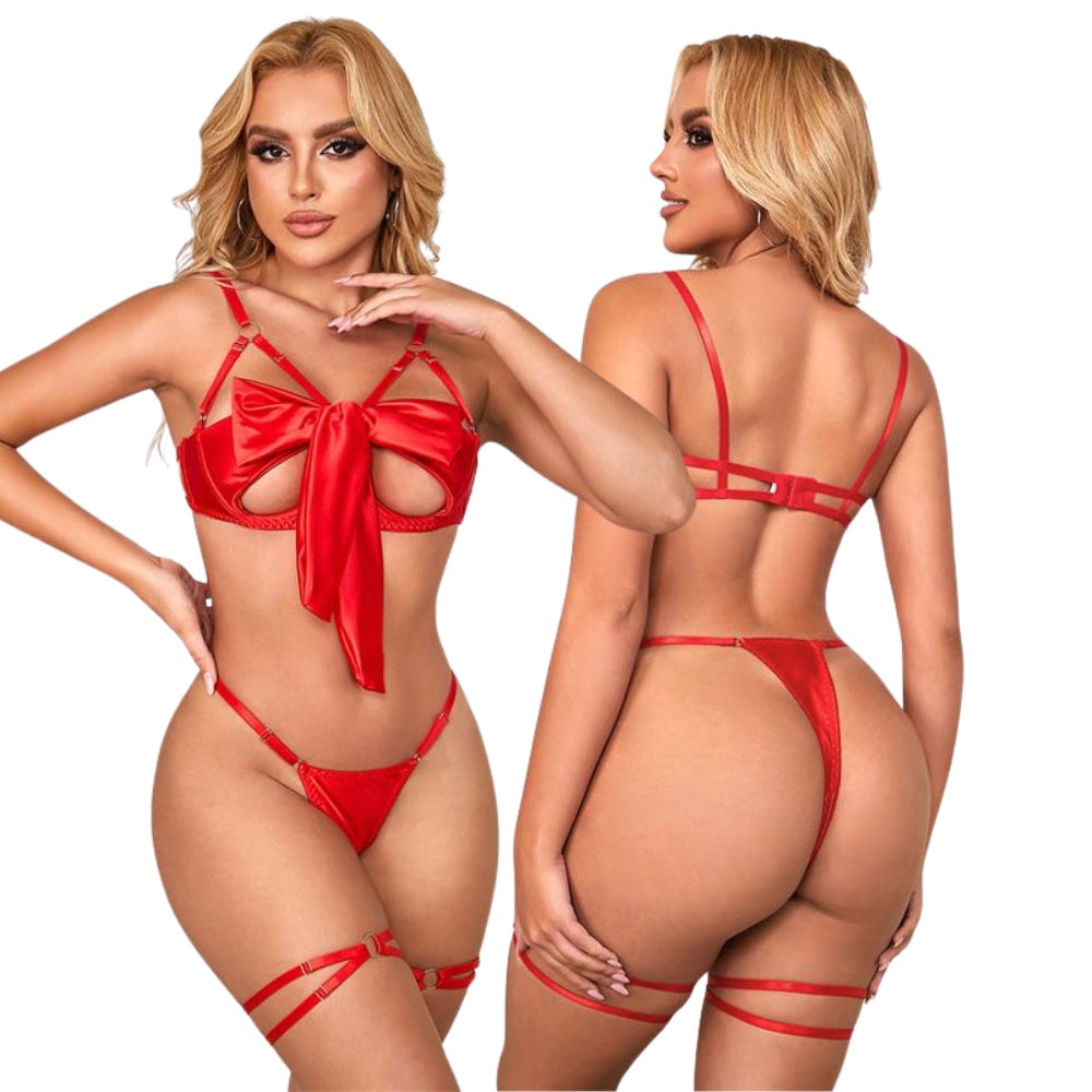 Red bra and thong set with ribbon and garters (S/M) - Riley