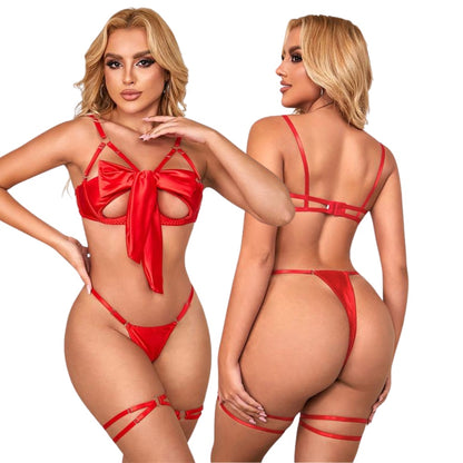 Red bra and thong set with ribbon and garters (S/M) - Riley