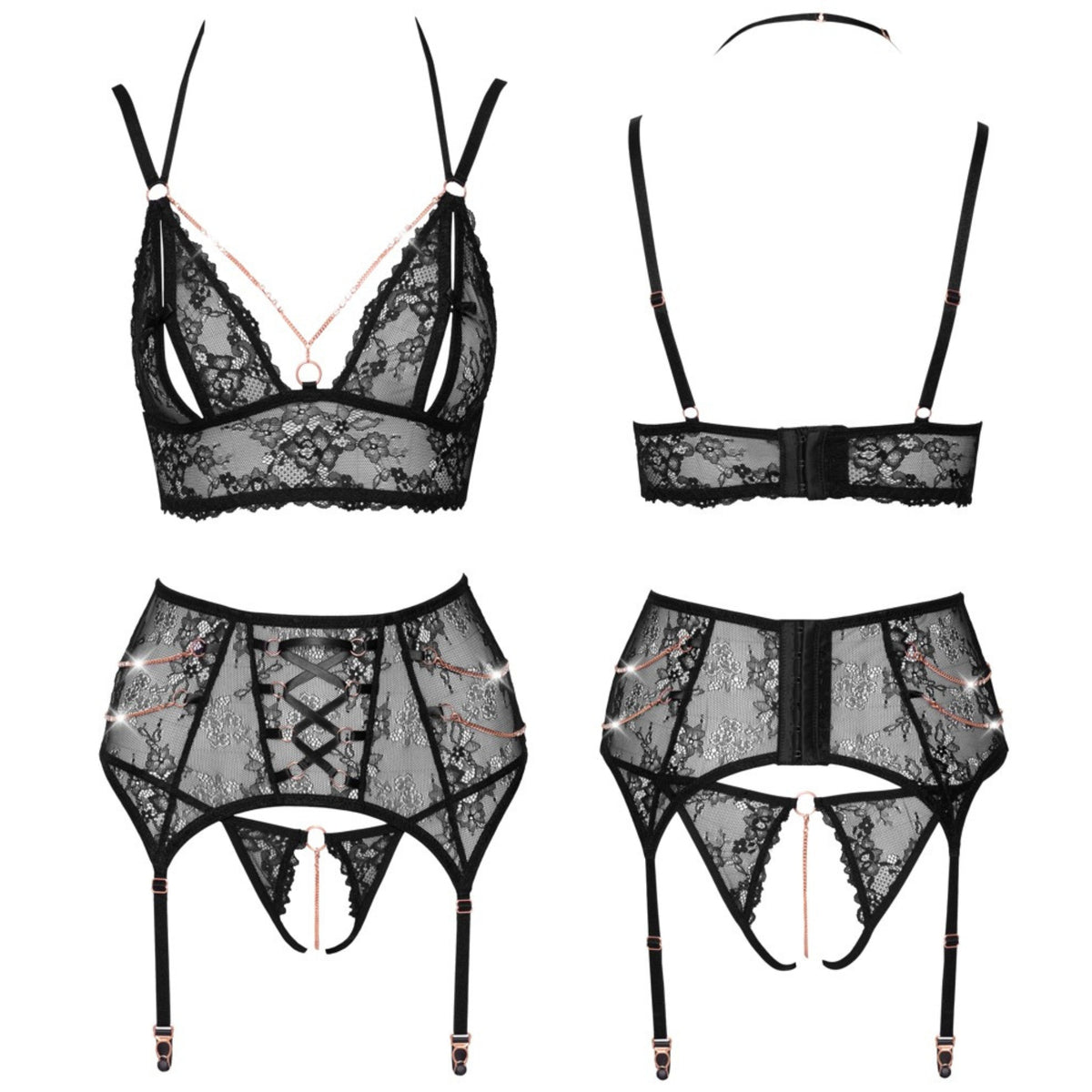 Abierta Fina melna mežģīņu bralete, zeķturis un atvērti stringi – produkta skats