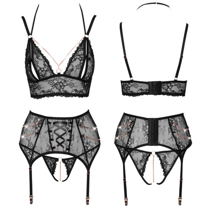 Abierta Fina melna mežģīņu bralete, zeķturis un atvērti stringi – produkta skats