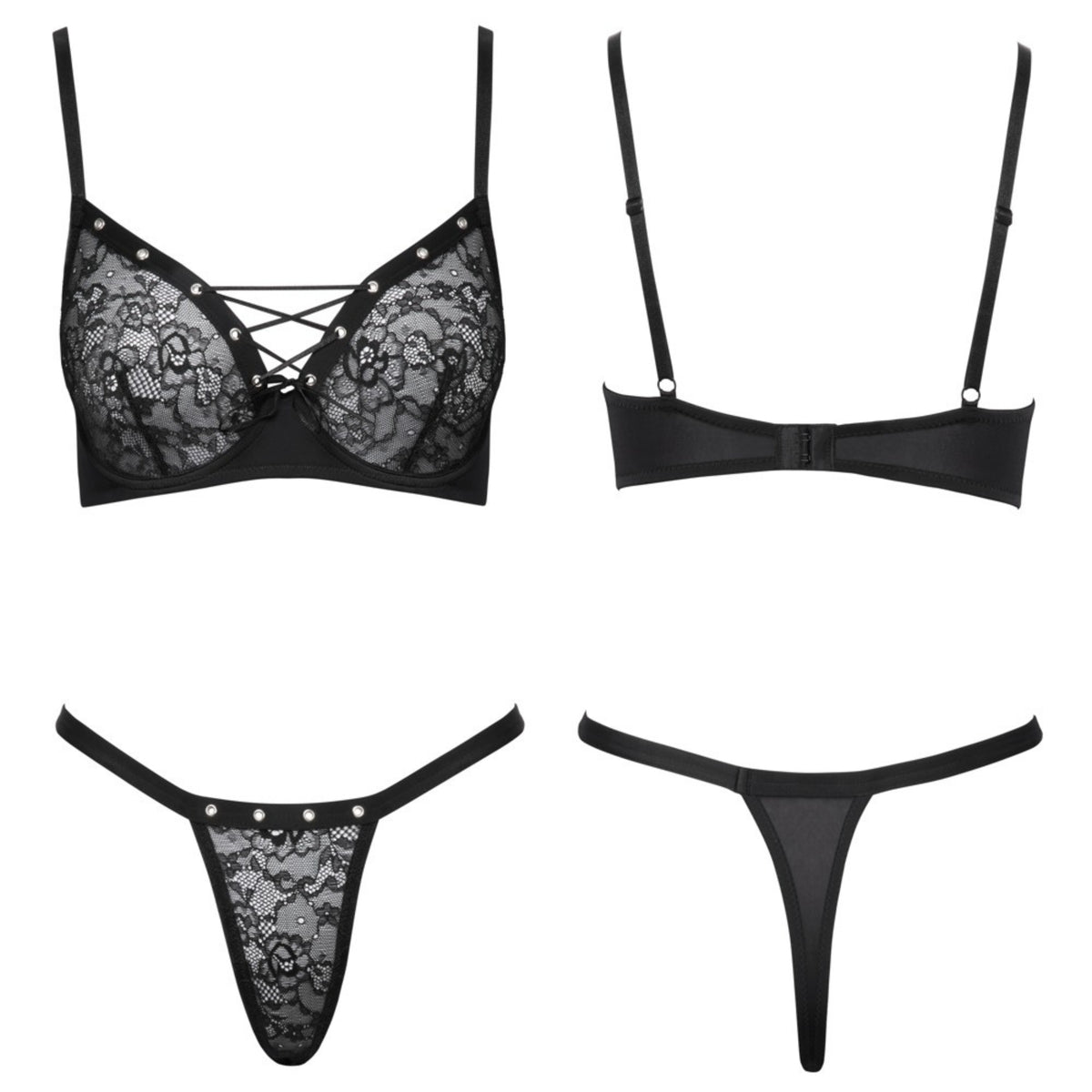 Cottelli Lingerie melns mežģīņu krūšturis un stringi – produkta skats