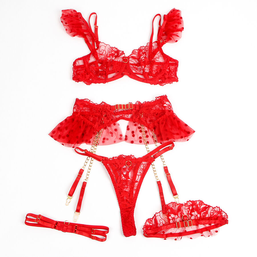 Red Lace Lingerie Set with Garters - Natalie (S/M)