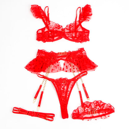 Red Lace Lingerie Set with Garters - Natalie (S/M)